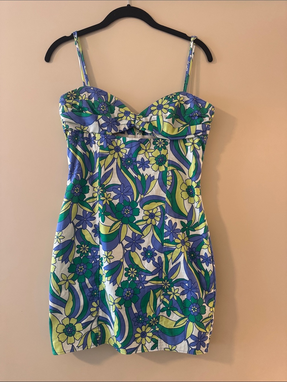 Floral Strappy Mini Dress in Blue & Green with front cut out